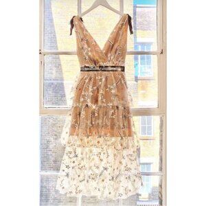 Self-Portrait Sequin Star Mesh Tulle Midi Dress NWT Nude Sequin Floral US 2 UK 6